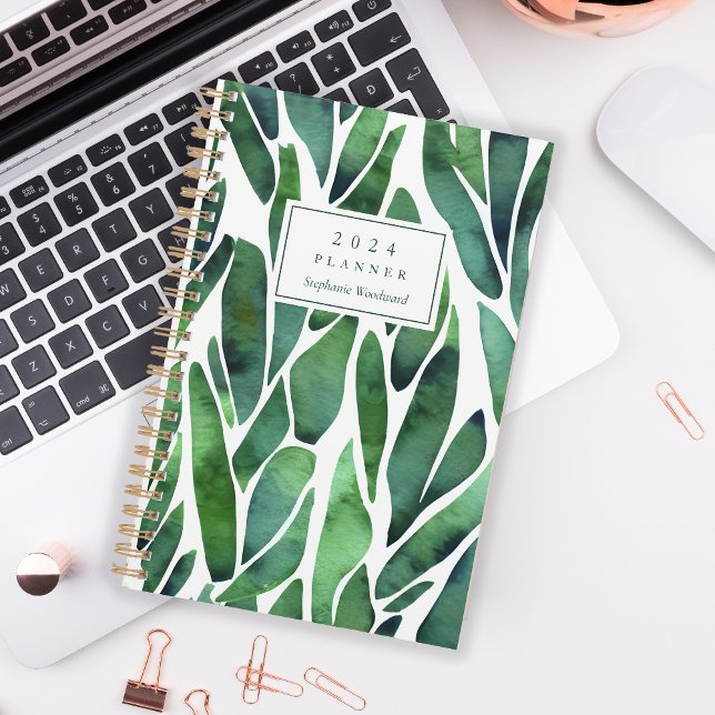 Green Watercolor Foliage Pattern Monogram 2024 Planner (Creator Uploaded)