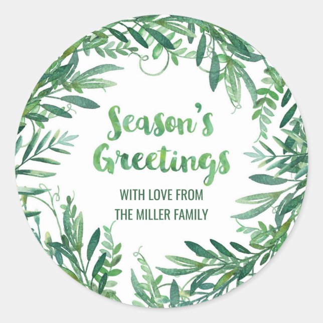 Green Watercolor Foliage Season's Greetings Custom Classic Round Sticker (Front)