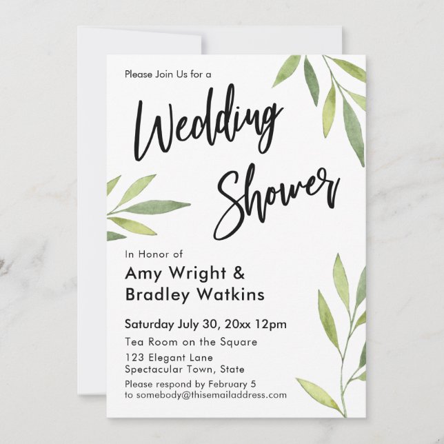 Green Watercolor Foliage Wedding Shower Invitation (Front)