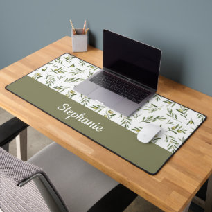 Green Watercolor FrenchCountry Olive Monogram Name Desk Mat
