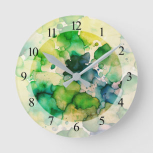 Green Watercolor Fusion  Round Clock