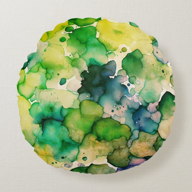 Green Watercolor Fusion  Round Cushion (Front)