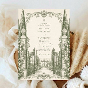 Green Watercolor Garden art Gate Wedding Invitation