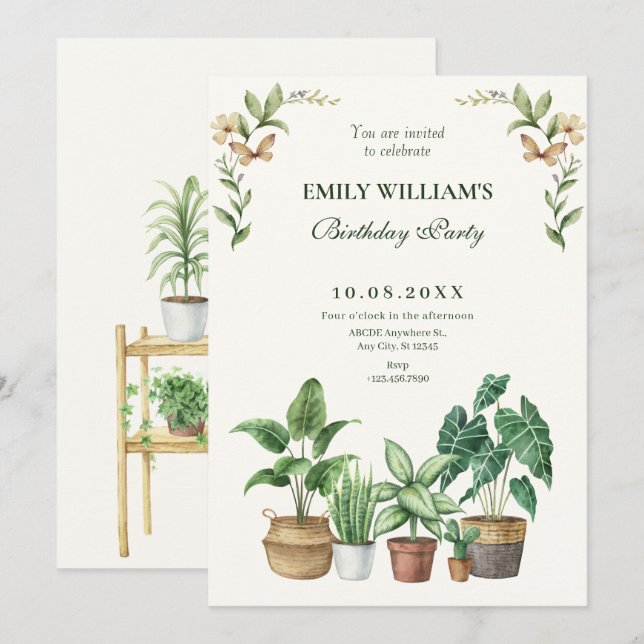 Green watercolor gardening plants birthday invitation (Front/Back)