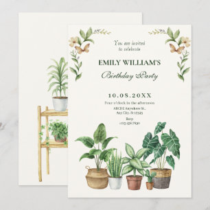 Green watercolor gardening plants birthday invitation