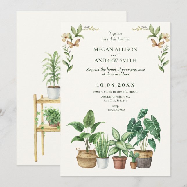 Green watercolor gardening plants wedding invitation (Front/Back)