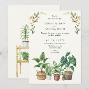 Green watercolor gardening plants wedding invitation