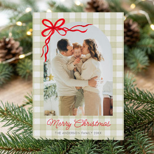 Green Watercolor Gingham Arch Photo Holiday Card