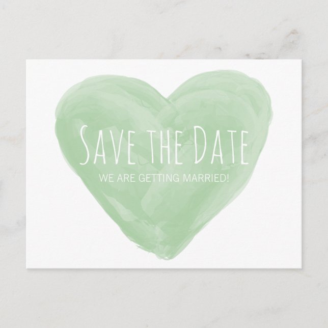 Green Watercolor Heart Save the Date Postcard (Front)