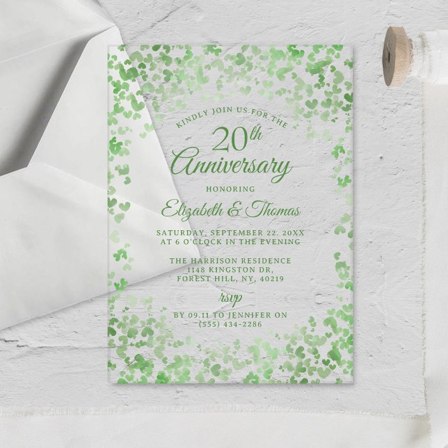 Green Watercolor Hearts 20th Wedding Anniversary Acrylic Invitations (Creator Uploaded)