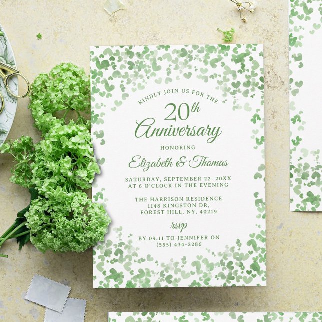 Green Watercolor Hearts 20th Wedding Anniversary Invitation (Creator Uploaded)