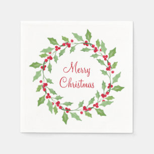 Green Watercolor Holly Wreath Napkin