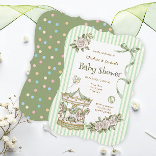 Green Watercolor Horse Carousel Baby Shower Invitation