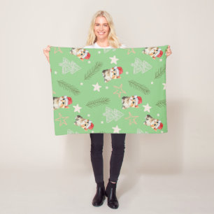 Green watercolor kitten cat Santa Merry Christmas Fleece Blanket