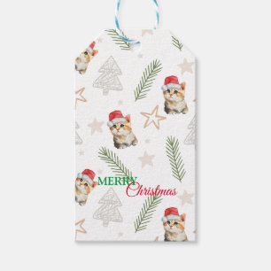 Green watercolor kitten cat Santa Merry Christmas Gift Tags