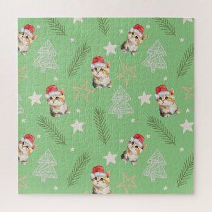 Green watercolor kitten cat Santa Merry Christmas Jigsaw Puzzle