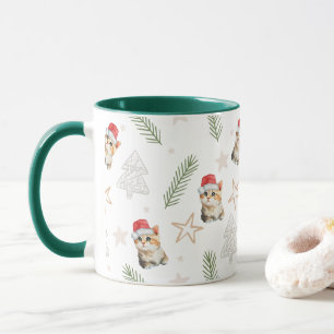 Green watercolor kitten cat Santa Merry Christmas Mug