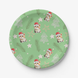 Green watercolor kitten cat Santa Merry Christmas  Paper Plate