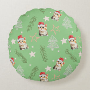 Green watercolor kitten cat Santa Merry Christmas  Round Cushion