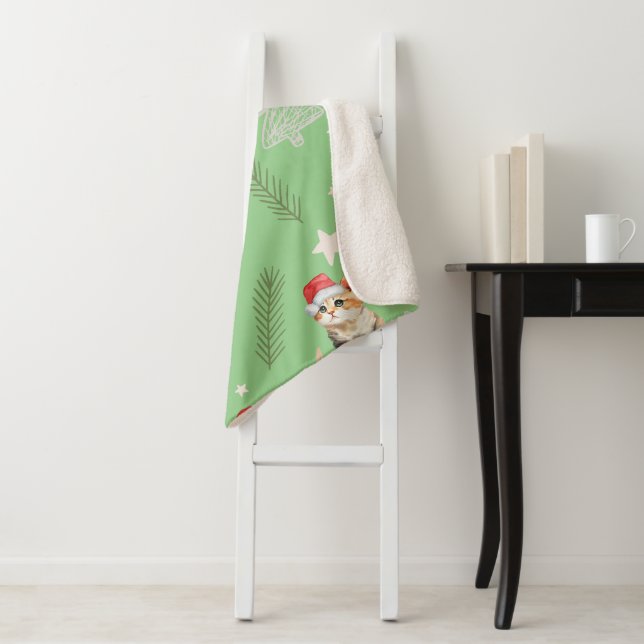 Green watercolor kitten cat Santa Merry Christmas  Sherpa Blanket (In Situ)
