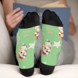 Green watercolor kitten cat Santa Merry Christmas Socks