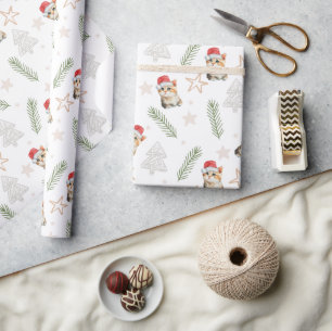 Green watercolor kitten cat Santa Merry Christmas  Wrapping Paper