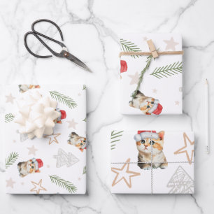 Green watercolor kitten cat Santa Merry Christmas  Wrapping Paper Sheet