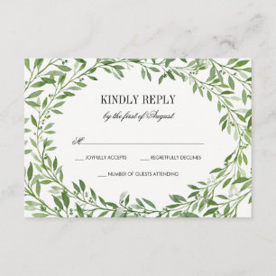 Green Watercolor Laurel Leaf Wreath Wedding RSVP Card