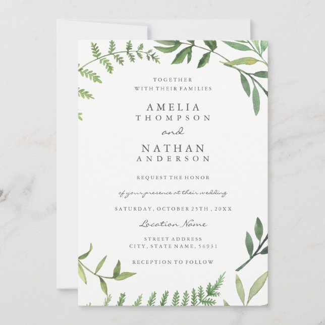 Green Watercolor Leaf Wedding Invitation (Front)