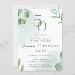 Green Watercolor Leaves 50th Wedding Anniversary  Invitation