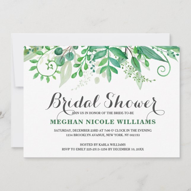 Green Watercolor Leaves  Bridal Shower Invitation (Front)