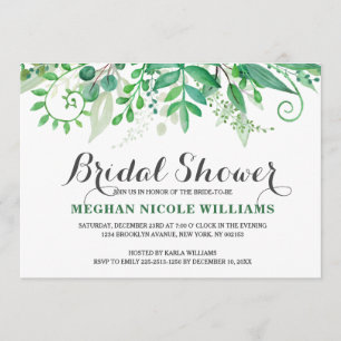 Green Watercolor Leaves Bridal Shower Invitation