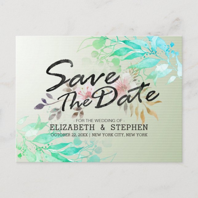 Green Watercolor Leaves Chic Wedding Save The Date Postcard (Front)