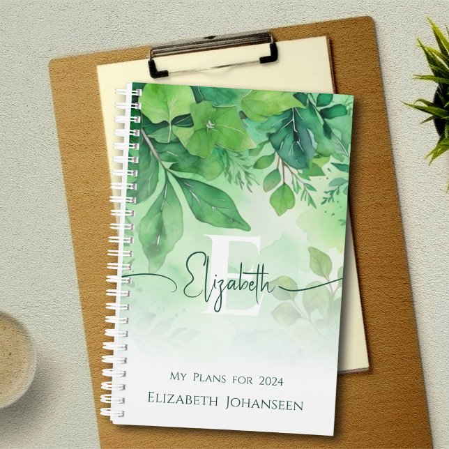 Green Watercolor Leaves Elegant Script Monogrammed Planner (Creator Uploaded)