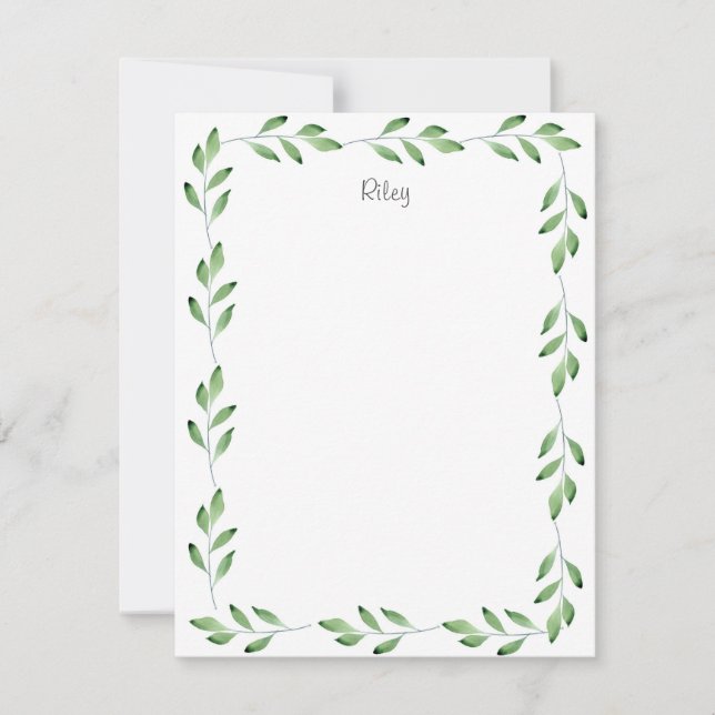 Green Watercolor Leaves Frame Card (Front)