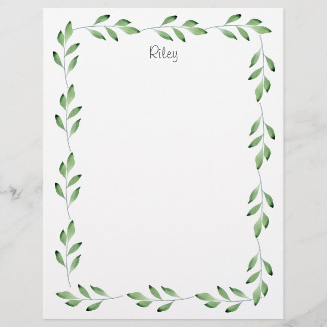 Green Watercolor Leaves Frame Custom Letterhead (Front)