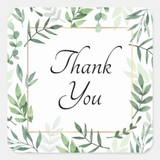Green Watercolor Leaves Gold Frame Thank You Square Sticker