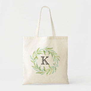 Green Watercolor Leaves Monogram Tote Bag