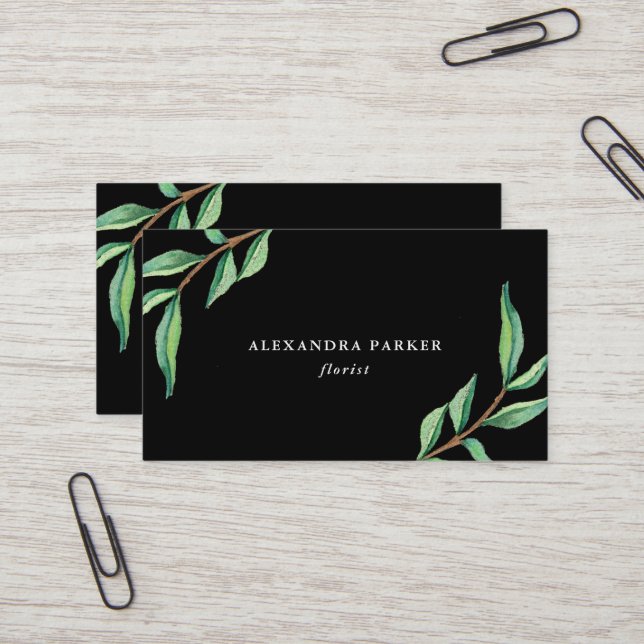 Green Watercolor Leaves on Black Business Card (Front/Back In Situ)