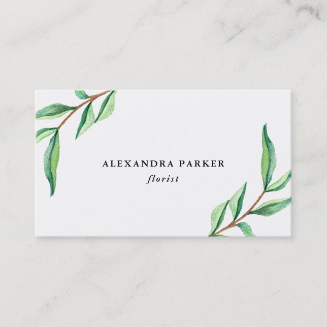 Green Watercolor Leaves on White Business Card (Front)