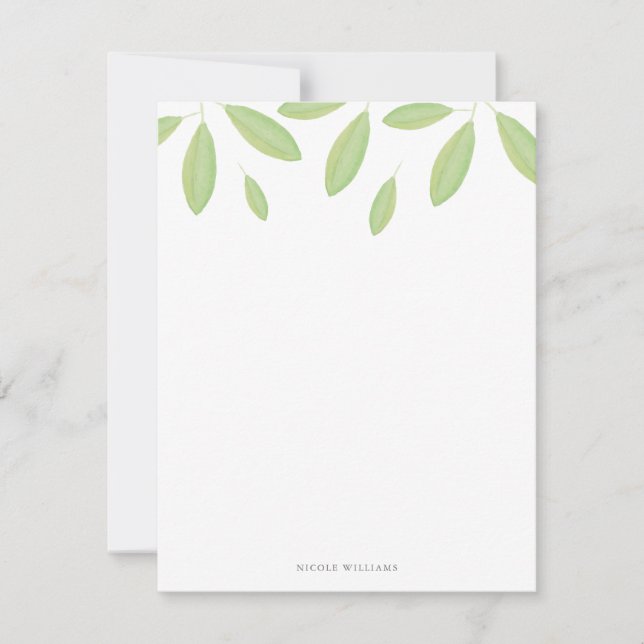Green Watercolor Leaves Personalised Stationery Card (Front)