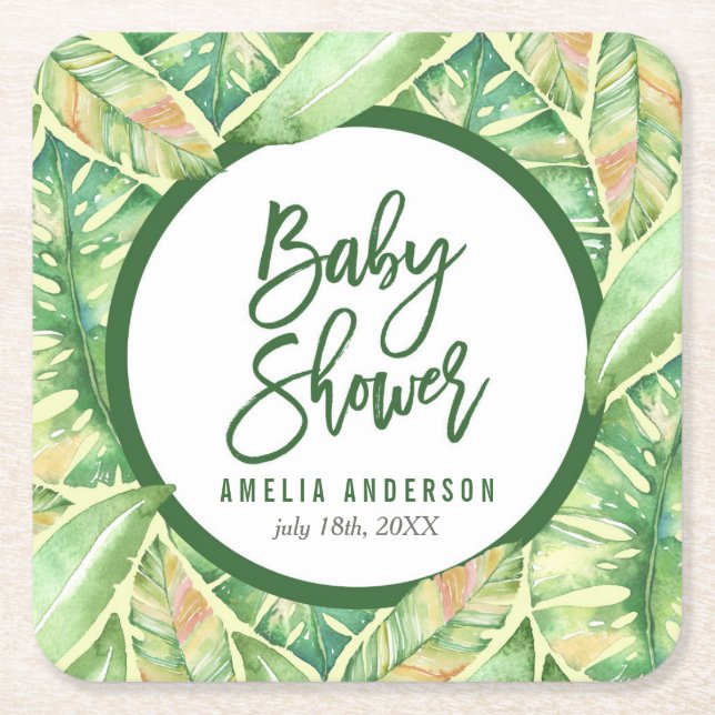 Green Watercolor Leaves Tropical Baby Shower Square Paper Coaster (Front)