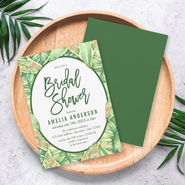 Green Watercolor Leaves Tropical Bridal Shower Invitation (Creator Uploaded)