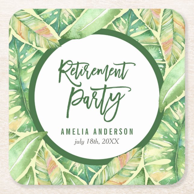 Green Watercolor Leaves Tropical Retirement Party Square Paper Coaster (Front)