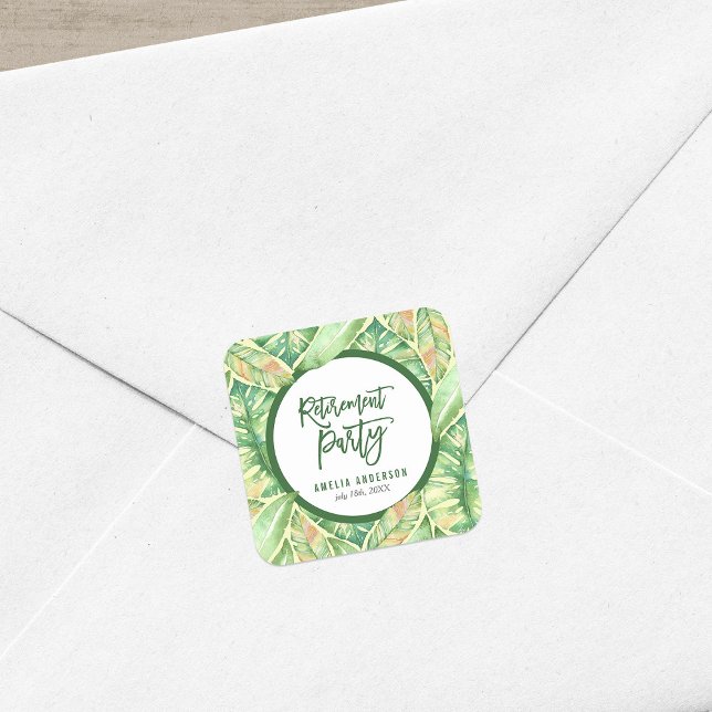 Green Watercolor Leaves Tropical Retirement Party Square Sticker (Creator Uploaded)