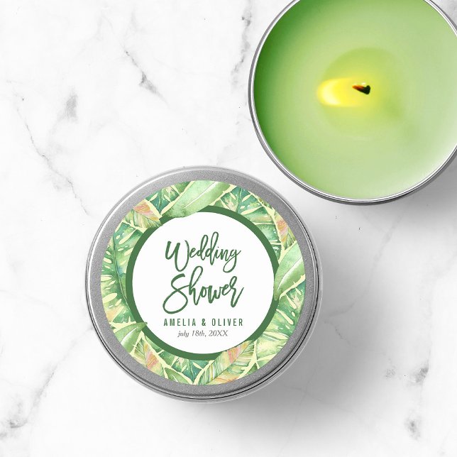 Green Watercolor Leaves Tropical Wedding Shower Classic Round Sticker (Creator Uploaded)