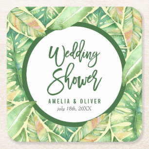 Green Watercolor Leaves Tropical Wedding Shower Square Paper Coaster