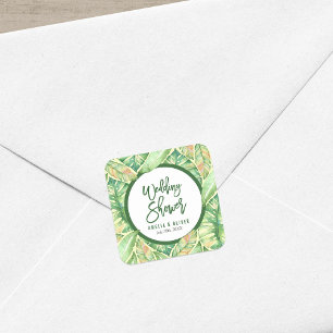 Green Watercolor Leaves Tropical Wedding Shower Square Sticker