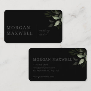 Green Watercolor Leaves Wedding Black Business Card