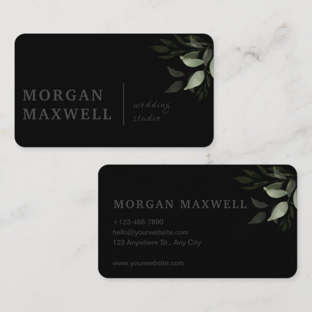 Green Watercolor Leaves Wedding Black Business Card (Front/Back)